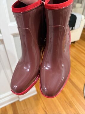 kate spade Glossy Burgundy Rain Ankle Boots with Pink Trim